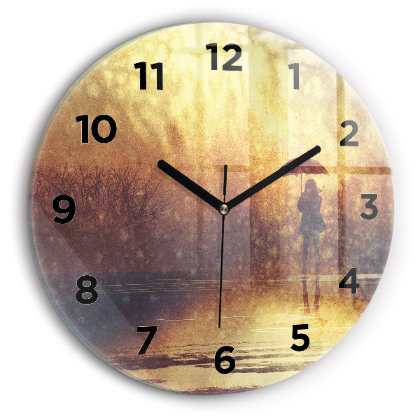 Round glass clock woman with umbrella