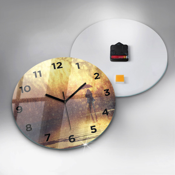 Round glass clock woman with umbrella