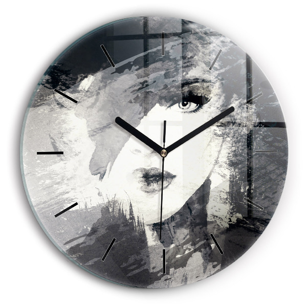 Round glass clock Woman - watercolors