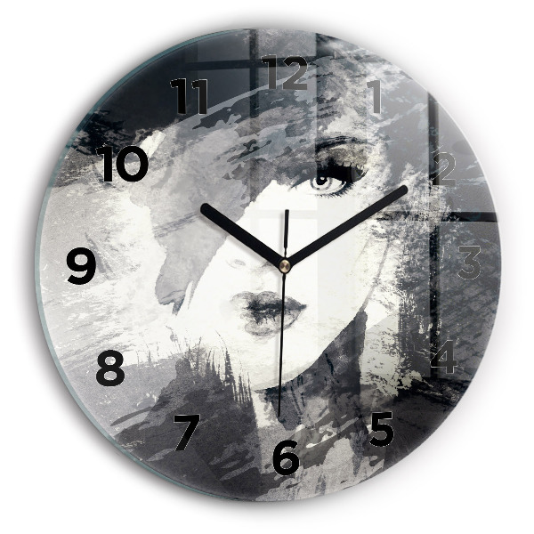 Round glass clock Woman - watercolors