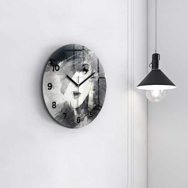 Round glass clock Woman - watercolors
