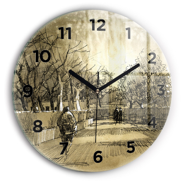 Round glass clock Park and trees in sepia