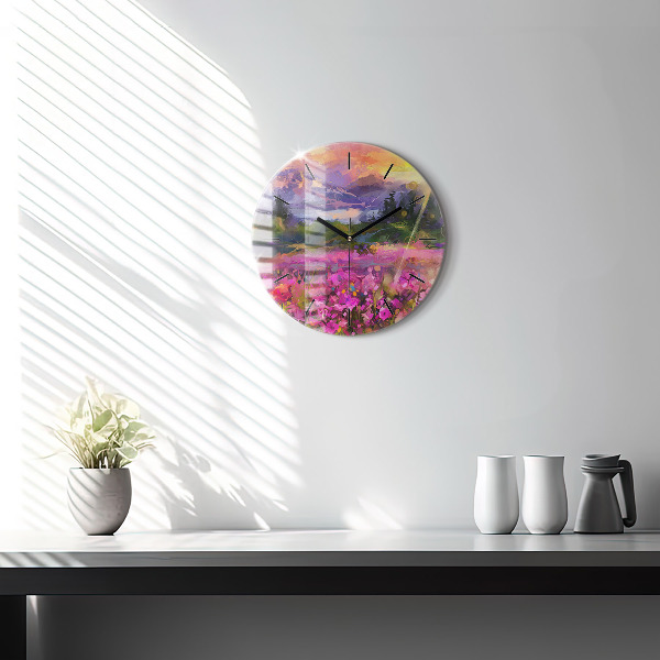 Round glass clock Landscape of nature and flowers