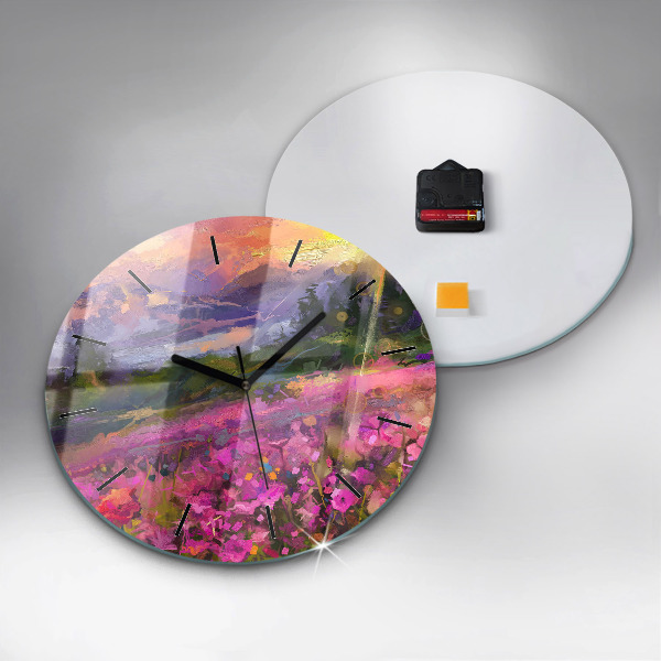 Round glass clock Landscape of nature and flowers