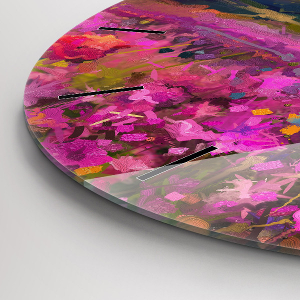 Round glass clock Landscape of nature and flowers