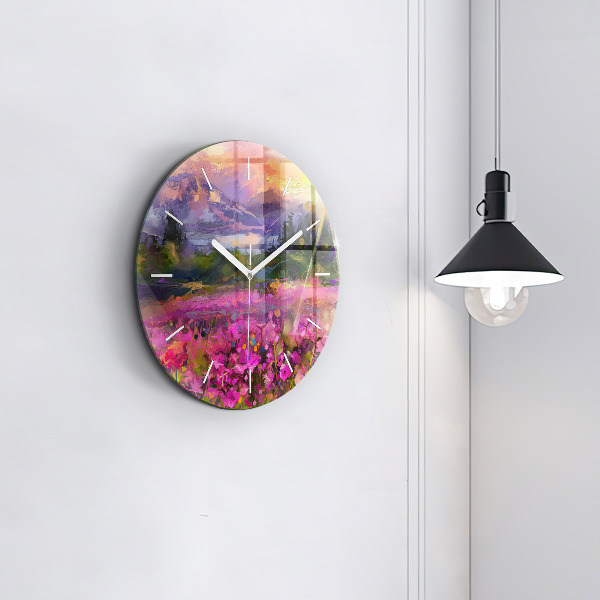 Round glass clock Landscape of nature and flowers