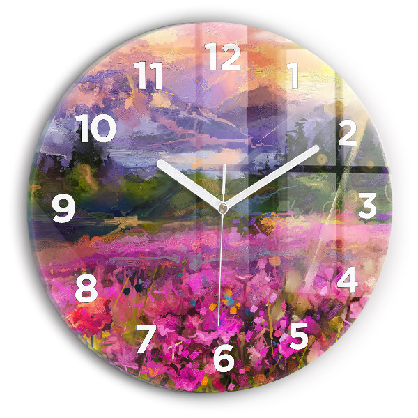 Round glass clock Landscape of nature and flowers