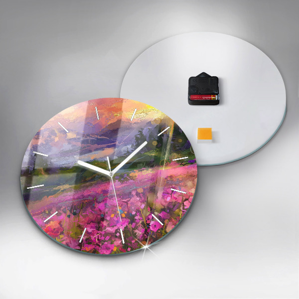 Round glass clock Landscape of nature and flowers