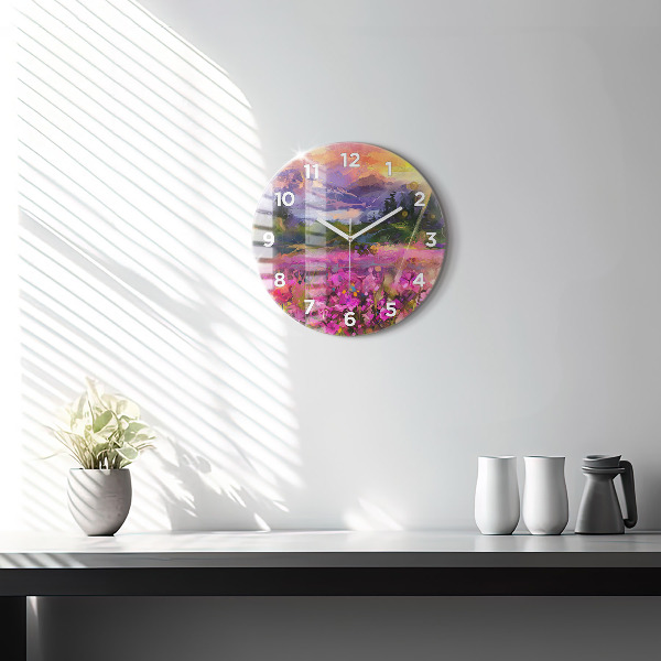 Round glass clock Landscape of nature and flowers
