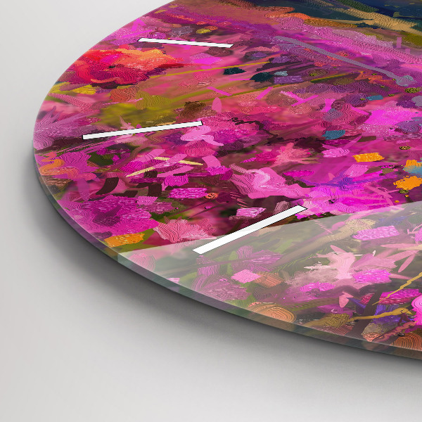 Round glass clock Landscape of nature and flowers