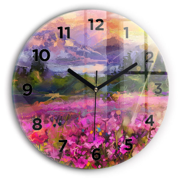 Round glass clock Landscape of nature and flowers
