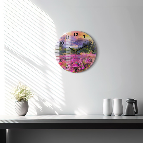 Round glass clock Landscape of nature and flowers