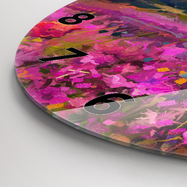 Round glass clock Landscape of nature and flowers