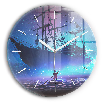 Round glass clock Fantasy sailing ship