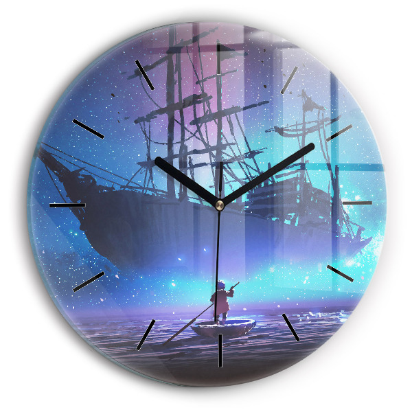 Round glass clock Fantasy sailing ship