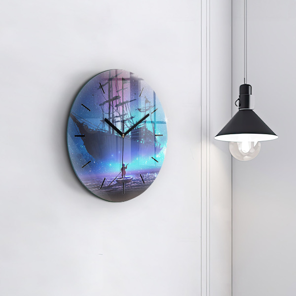 Round glass clock Fantasy sailing ship