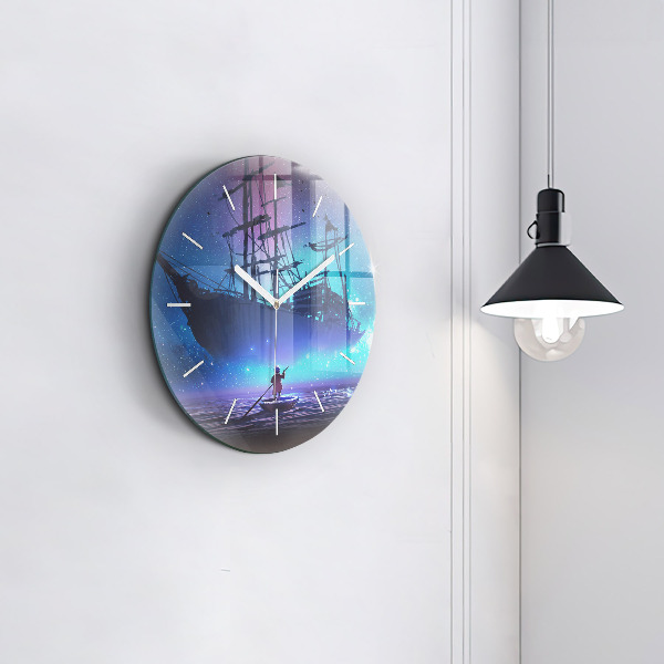 Round glass clock Fantasy sailing ship