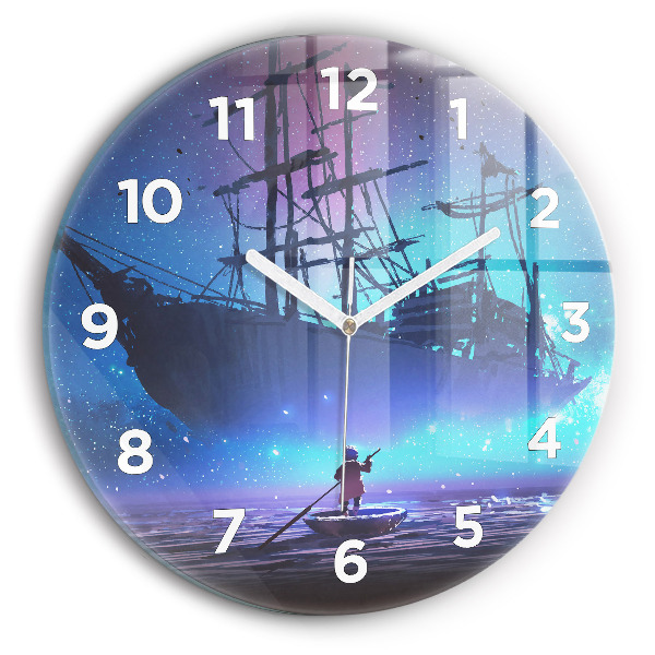 Round glass clock Fantasy sailing ship