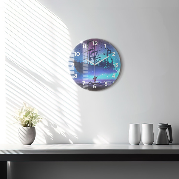 Round glass clock Fantasy sailing ship
