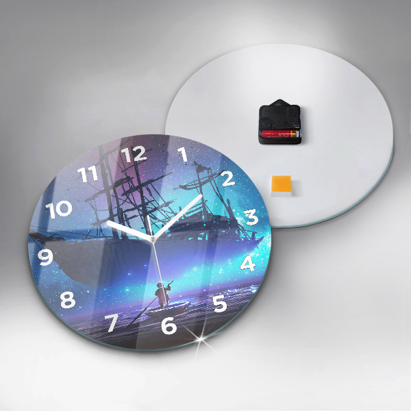 Round glass clock Fantasy sailing ship