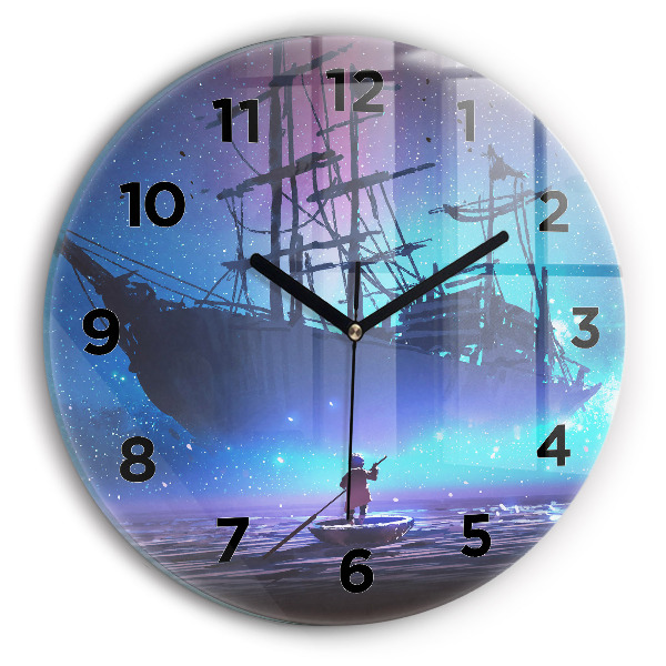 Round glass clock Fantasy sailing ship