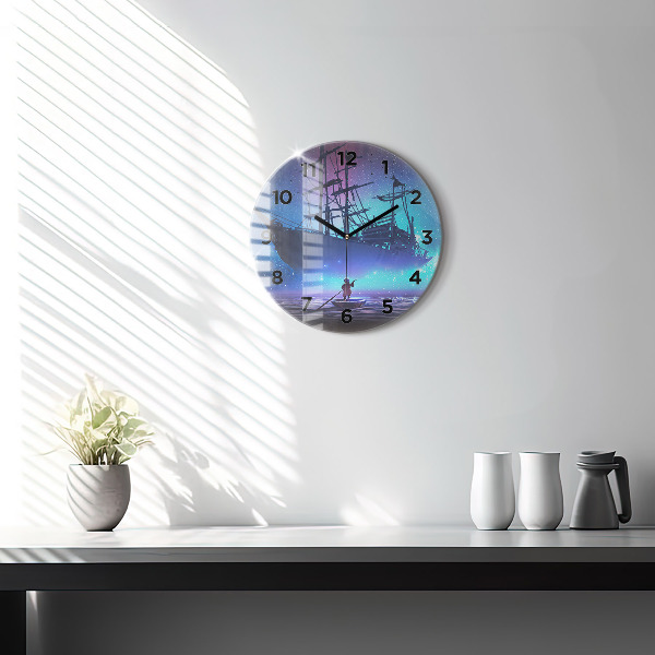Round glass clock Fantasy sailing ship