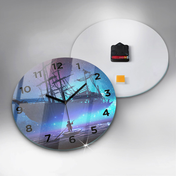 Round glass clock Fantasy sailing ship