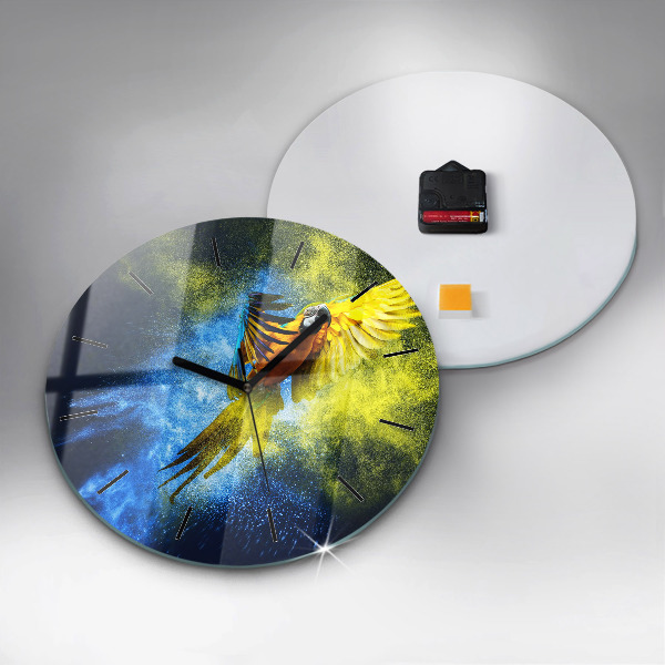 Round glass clock Colorful parrot