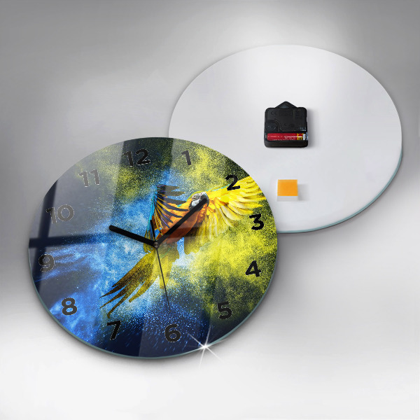 Round glass clock Colorful parrot