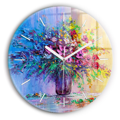 Round glass clock Flowers in a vase