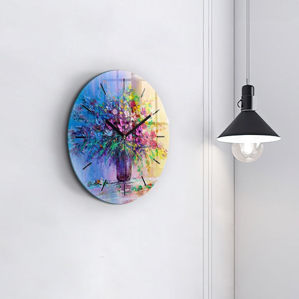 Round glass clock Flowers in a vase