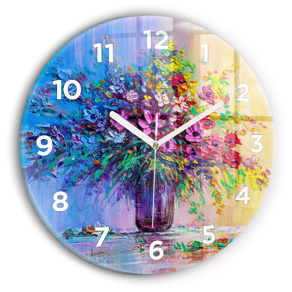 Round glass clock Flowers in a vase