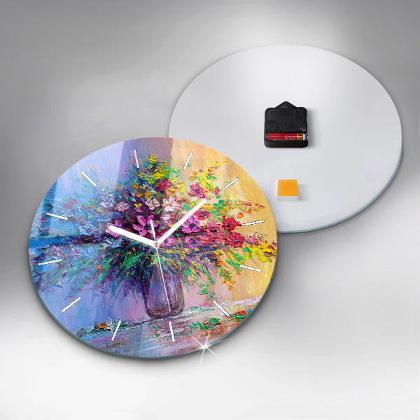 Round glass clock Flowers in a vase