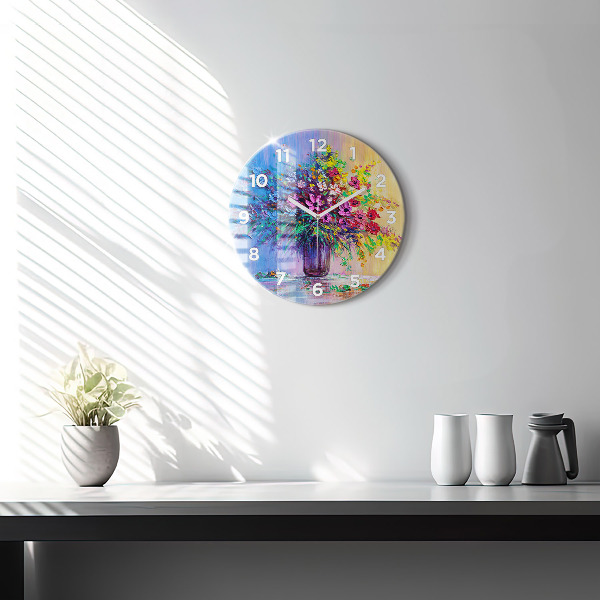 Round glass clock Flowers in a vase