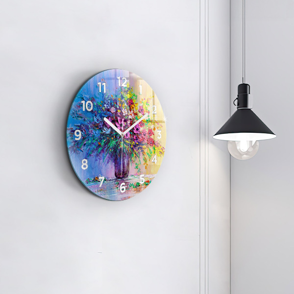 Round glass clock Flowers in a vase