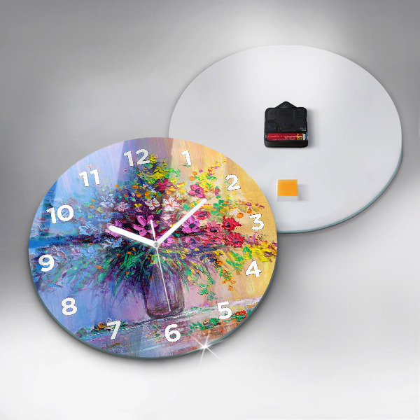 Round glass clock Flowers in a vase