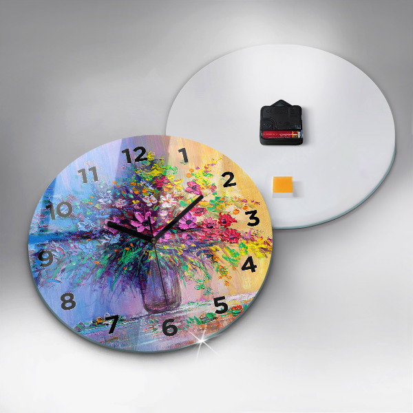 Round glass clock Flowers in a vase