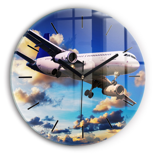 Round glass clock Airplane in the clouds