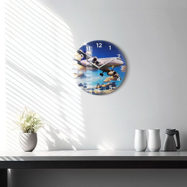 Round glass clock Airplane in the clouds