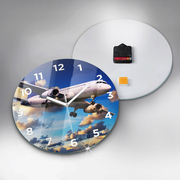 Round glass clock Airplane in the clouds