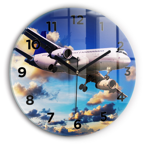 Round glass clock Airplane in the clouds