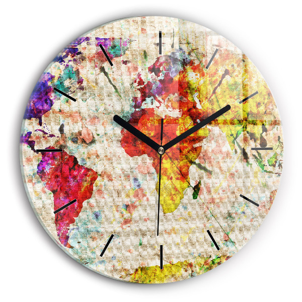 Round glass clock Colored world map