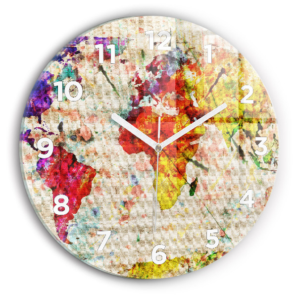 Round glass clock Colored world map