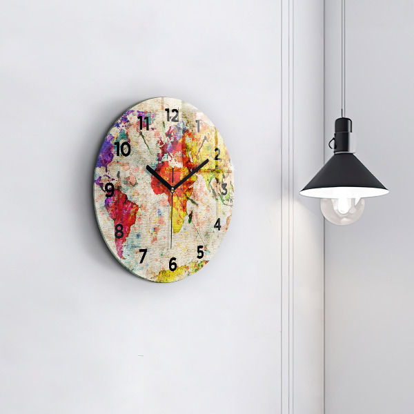 Round glass clock Colored world map