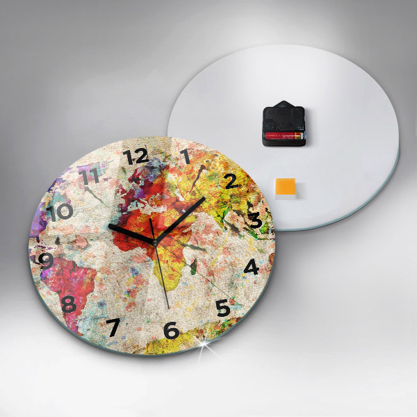 Round glass clock Colored world map