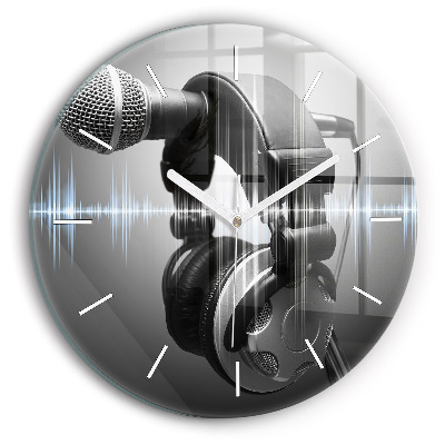 Round glass clock Microphone and Headphones