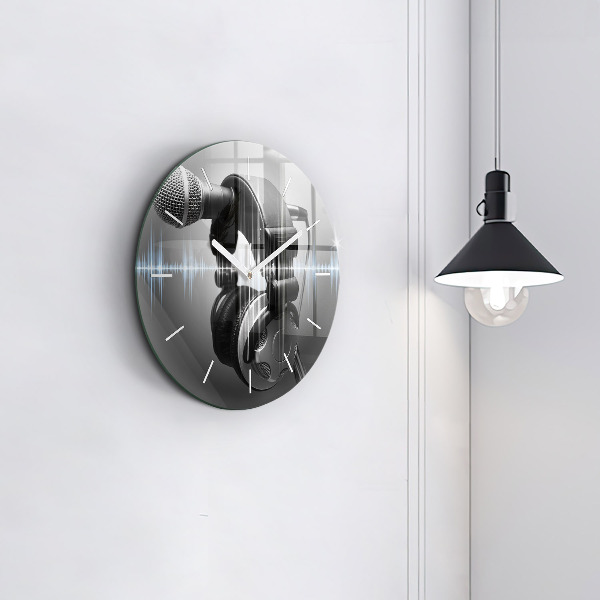 Round glass clock Microphone and Headphones