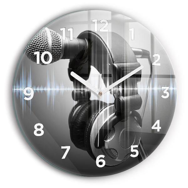 Round glass clock Microphone and Headphones