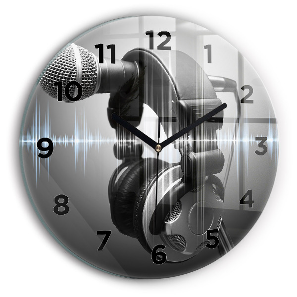 Round glass clock Microphone and Headphones
