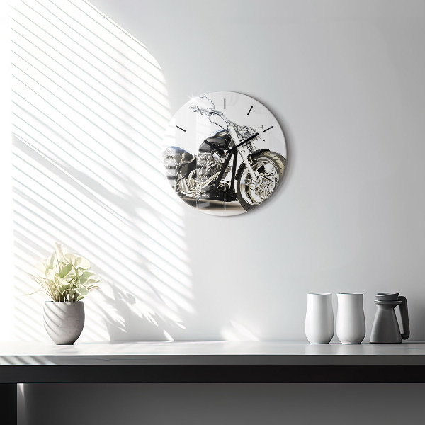Round glass clock Black motorcycle